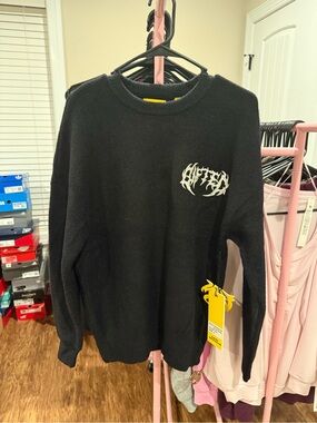 Men's Black Crewneck Sweater with White Chest Graphic